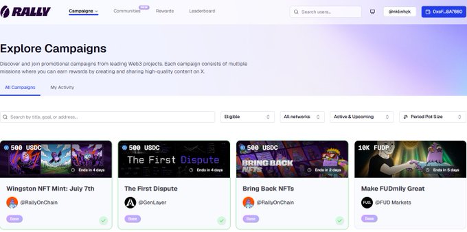 Screenshot of the Rally "Explore Campaigns" page showing four Web3 promotional campaigns: "Wingston NFT Mint: July 7th" (@RallyOnChain, 500 USDC), "The First Dispute" (@GenLayer, 500 USDC), "Bring Back NFTs" (@RallyOnChain, 500 USDC), and "Make FUDnly Great" (@FUD Markets, 10K FUD). The post frames Rally's "challenger" campaigns as a metaphor for transparent, AI-driven onchain systems rising against opaque incumbents, tying directly to the platform's reward-based model for high-quality content.