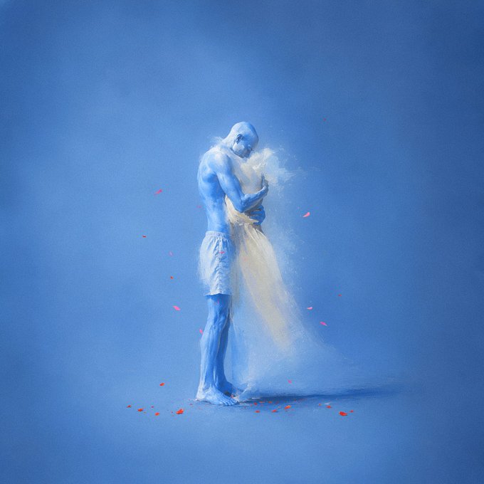 A pale blue, ethereal humanoid figure stands against a solid blue background, wearing white shorts and clutching a flowing, dust-like fabric, with small red petals scattered around its feet.