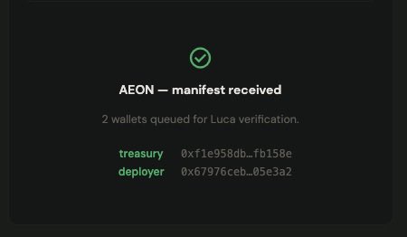 The image is of a computer screen displaying an email, which appears to be from Acorn. The main message reads "AEON - Manifest received", indicating that something has been successfully registered or queued for manual receiving. Within the email, there are three sections of text explaining how to use the Acorn library: a list of available commands, the names and descriptions of these commands, and an explanation of what a deployer is. This is all displayed in green against a black background on the screen.