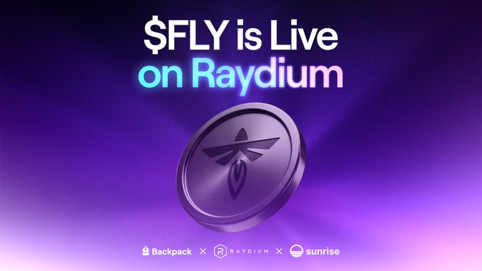 A promotional graphic announcing "$FLY is Live on Raydium," featuring a 3D purple coin emblazoned with the Firefly Aerospace logo against a gradient purple background, with Backpack, Raydium, and Sunrise branding at the bottom, supporting the post's announcement of Firefly Aerospace's token now being tradeable 24/7 on Solana via Backpack Securities and Sunrise.