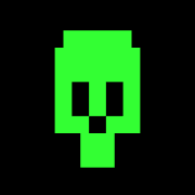 A simple green pixel-art skull icon on a black background.