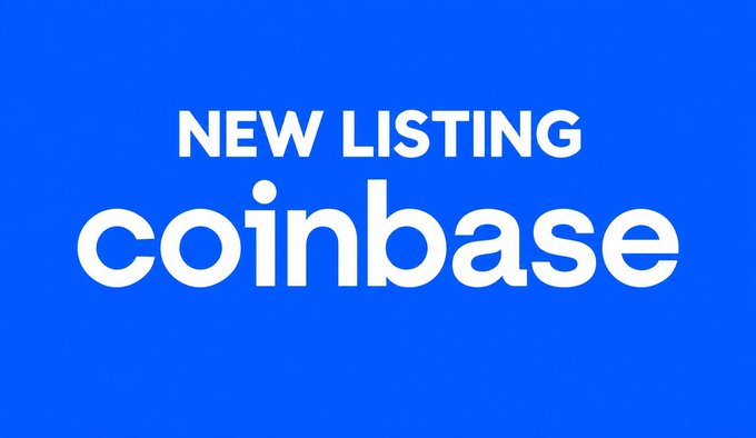 A bold blue graphic announces 'NEW LISTING coinbase' in white text.