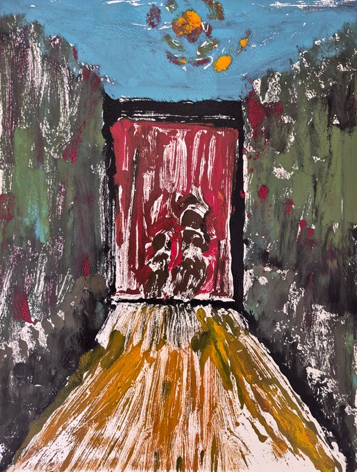 An expressionistic painting depicting a figure emerging from a red doorway or portal, with streaks of yellow and white radiating outward against a blue sky and dark green surroundings.