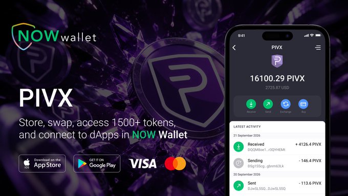 An advertisement for NOW Wallet featuring PIVX cryptocurrency, showing a mobile app interface displaying a balance of 16100.29 PIVX (2725.87 USD) with App Store and Google Play download buttons.