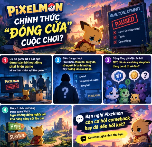 A Vietnamese promotional poster for the NFT game 'PIXELMON' asking 'CHÍNH THỨC ĐÓNG CỬA CUỘC CHƠI?' (Officially closing the game?) with illustrations of the game being paused and Pokémon-like creatures.