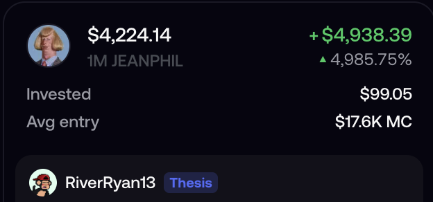 A cryptocurrency or stock trading interface displays a position for token '1M JEANPHIL' with a current value of $4,224.14, an investment of $99.05, and a gain of +$4,938.39 (4,985.75%), noted as a 'Thesis' by user RiverRyan12.