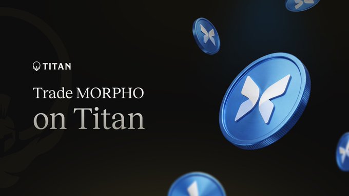 Promotional graphic featuring the Titan logo and the text "Trade MORPHO on Titan" alongside blue 3D-rendered coins displaying the MORPHO token symbol, announcing the token's new listing on the Titan trading platform.
