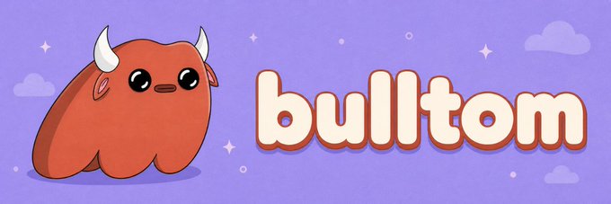 A cute cartoon red bull mascot with white horns sits beside the stylized "bulltom" text on a purple starry background, serving as the banner image for the Solana token $bulltom.
