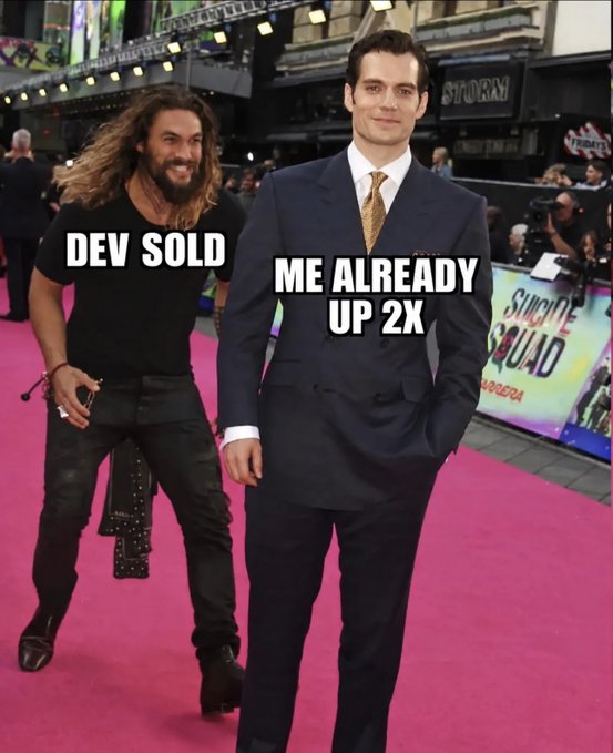 A meme image from the Suicide Squad premiere showing Jason Momoa and Henry Cavill, with text 'DEV SOLD' over Momoa and 'ME ALREADY UP 2X' over Cavill.