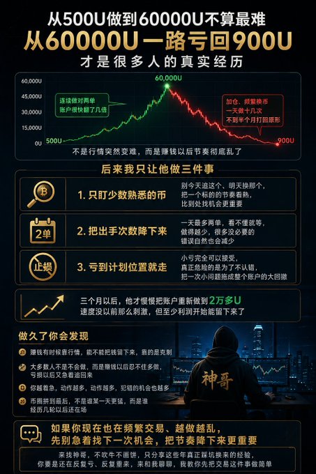 The image depicts an account plunging from 60,000U back to 900U, with guidance to focus on familiar coins, trade less often, and follow the plan instead of chasing losses. It connects to the accompanying post by emphasizing that recovering from a peak is harder than quickly growing from 500U, especially after early wins inflate confidence.