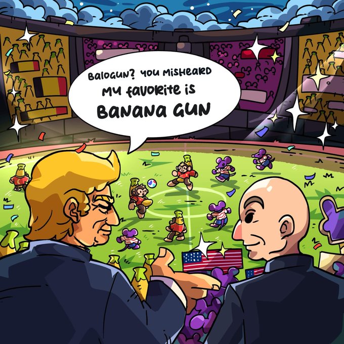 A cartoon illustration shows two figures watching a sports arena match between teams represented by monkey and banana characters, with one figure saying in a speech bubble, "Balogun? You misheard my favorite is Banana Gun." The image humorously visualizes the post's clarification, contrasting the soccer player Balogun with the cryptocurrency token Banana Gun.
