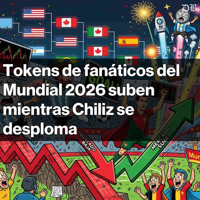 The image is a graphic featuring the Spanish text "Tokens de fanáticos del Mundial 2026 suben mientras Chiliz se desploma" (World Cup 2026 fan tokens rise while Chiliz plummets), illustrated with a World Cup tournament bracket, national flags, cheering fans, a crashing red arrow, a rising green arrow, and the Chiliz (CHZ) rocket mascot, visually representing the contrasting performance of World Cup fan tokens versus CHZ mentioned in the post.