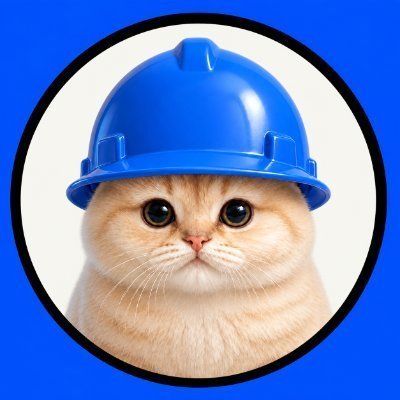 An orange and white cat wearing a blue hard hat, framed in a circular icon on a blue background.