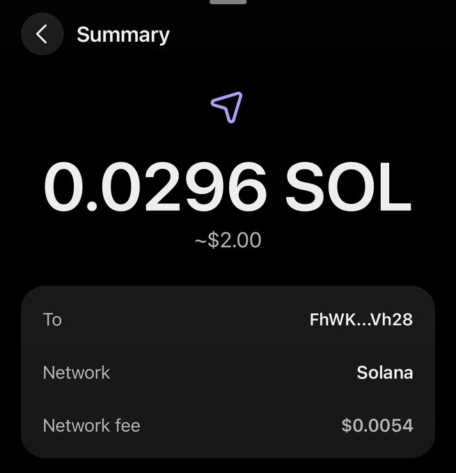 The image shows a cell phone screen displaying a transaction for 0.09996 Solana, which was made using the cryptocurrency Bitcoin Cash. The text on the screen indicates that the wallet has been used to send money to someone named Solana. The message also mentions that there is a network fee of 2.00 and that the wallet has been used in the last five days for this transaction.