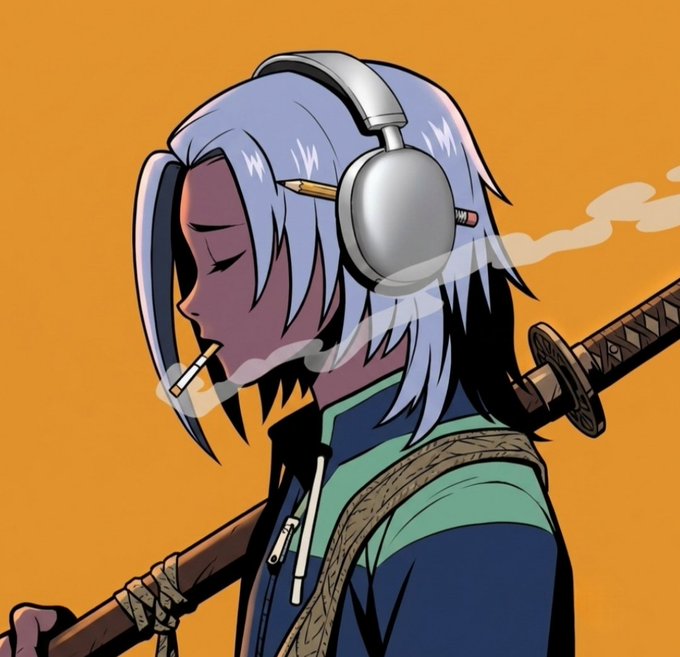 An anime-style illustration of a dark-skinned character with silver-blue hair wearing headphones, smoking a cigarette, and carrying a katana sword against an orange background.