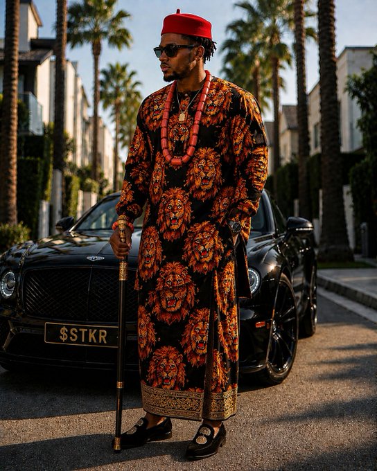 A man wearing traditional African attire with a lion pattern, red coral beads, and a red cap stands in front of a black Bentley with a license plate reading '$STKR'.