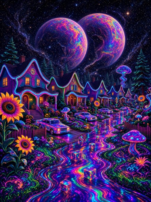 A vibrant, psychedelic digital artwork depicting a colorful neighborhood street scene with glowing houses, neon cars, giant sunflowers, mushrooms, and swirling multicolored rivers under a starry sky with two large planets.