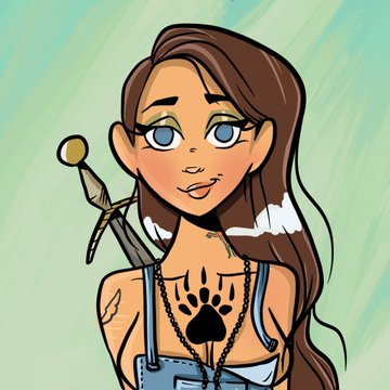 The image features a cartoon girl with long brown hair wearing blue overalls holding a sword. She has a tattoo of a paw print on her chest. The background appears to be green, which complements the girl's outfit. There are no texts or other objects in the image.
