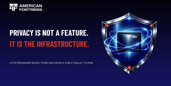 A dark blue advertisement for 'American Fortress' declares 'PRIVACY IS NOT A FEATURE. IT IS THE INFRASTRUCTURE.' with the tagline 'A FORTRESSNAME MEANS THERE WAS NEVER A PUBLIC WALLET TO FIND,' accompanied by a shield graphic encircling a digital wallet.