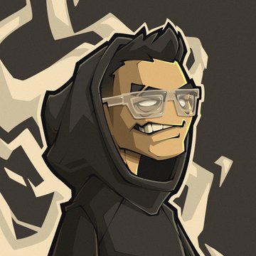 Stylized cartoon illustration of a hooded figure wearing clear glasses with a sharp-toothed grin against a black and white patterned background.