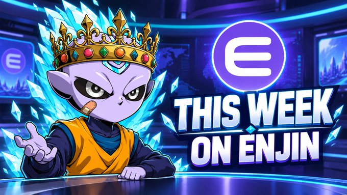 An animated promotional graphic featuring a purple alien character wearing a golden crown, with the Enjin logo and text 'THIS WEEK ON ENJIN' against a blue crystalline background.