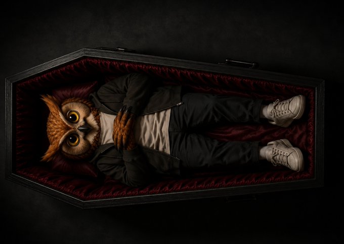 An anthropomorphic owl with large yellow eyes wearing a black jacket, white shirt, black pants, and white sneakers, lying inside a dark coffin lined with red fabric.