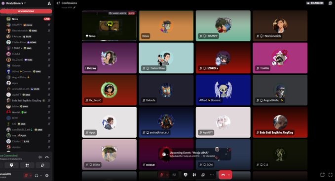 A screenshot of the Krisbinaria Discord app showing a voice channel interface with multiple users in a group call, with a notification about an upcoming event "Nooga AMA".