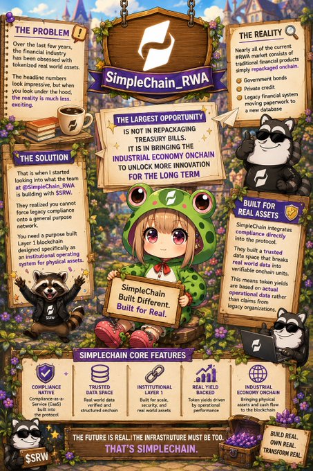 SimpleChain_RWA promotional infographic featuring an anime frog mascot, explaining the problem of tokenized real world assets, the solution of building for real rather than repackaging treasury bills, and core features including compliance, trusted data, institutional scale, real yield, and industrial onchain.