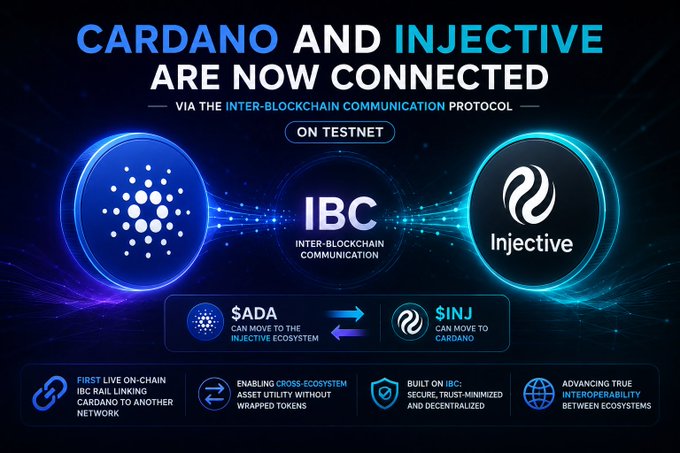 Promotional graphic announcing that Cardano and Injective are now connected on testnet via the Inter-Blockchain Communication (IBC) protocol, allowing $ADA to move to the Injective ecosystem and $INJ to move to Cardano.
