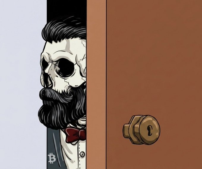 An illustration depicts a skull-faced man with a dark beard and a red bow tie peeking from behind a brown door with a brass doorknob and lock.