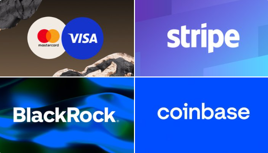 The image is a four-panel collage featuring the logos of Mastercard and Visa (top left), Stripe (top right), BlackRock (bottom left), and Coinbase (bottom right), visually representing the major financial and crypto companies partnering to launch the stablecoin $OUSD with shared revenue among partners.