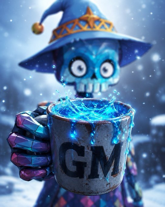 Fantasy illustration of a blue skull creature wearing a wizard hat, holding up a metallic mug labeled "GM" filled with glowing blue splashing liquid in a snowy landscape.