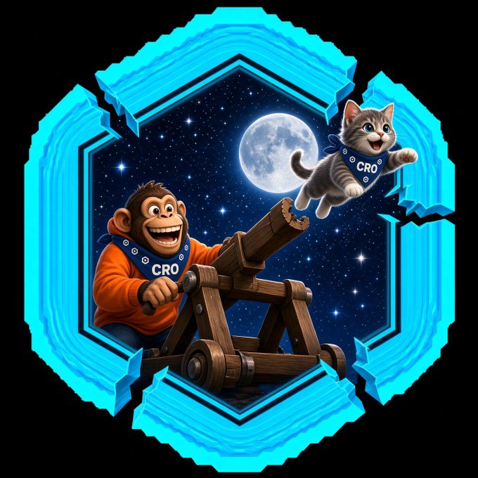 A neon blue Crypto.com (CRO) badge featuring a cartoon monkey in an orange hoodie operating a wooden trebuchet, launching a kitten wearing a CRO bandana toward the moon.