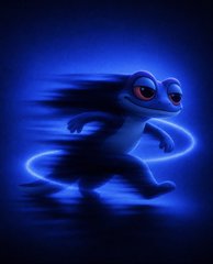 A digital illustration of a blue gecko or lizard character with large red eyes, appearing to run with a glowing blue motion trail effect against a dark background.