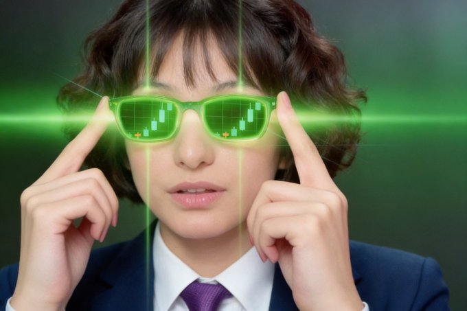 A businesswoman in a suit and tie wears glowing green glasses displaying candlestick trading charts, symbolizing her role in analyzing and profiting from crypto projects. The image visually represents her success in earning over $10k from a project where she served as an ambassador, with the charts reflecting the financial gains she's secured through TGE payouts.