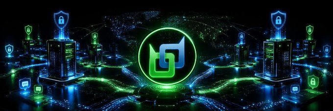A futuristic digital banner features a glowing green logo at the center, surrounded by server towers, floating shield icons with padlocks, and neon data streams on a dark background.