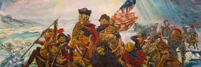 A patriotic meme reimagining Patrick Henry's famous Revolutionary War-era scene with Pepe the Frog leading colonial soldiers into battle, with one figure holding an American flag featuring stars. The image humorously replaces historical figures with frog memes to celebrate America's 250th birthday, capturing the spirit of "give me liberty or give me death" through internet culture.
