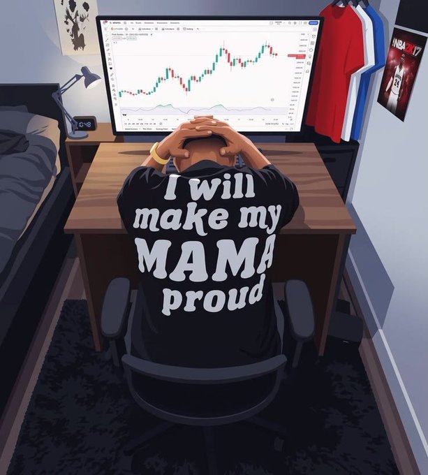 An illustrated young man sits at a desk staring at a trading chart on his computer monitor, with his black t-shirt displaying the motivational phrase 'I will make my MAMA proud.'