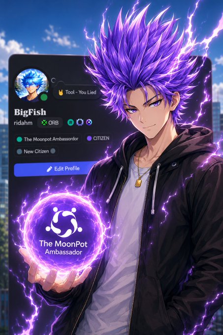 An anime-style character with spiky purple hair and a black jacket holds a glowing purple orb labeled 'The MoonPot Ambassador,' standing in front of a Discord profile card for 'BigFish.'