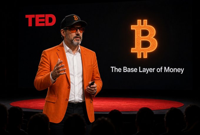 A man with a beard, wearing an orange blazer, white shirt, sunglasses, and a cap, gives a TED Talk on a stage with a red circular rug, holding a presentation clicker in front of a large screen displaying a glowing orange Bitcoin symbol and the text "The Base Layer of Money," with an audience visible in silhouette in the foreground.