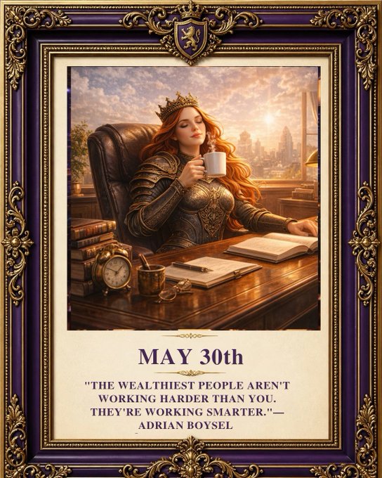 The image features a woman sitting at a desk with a cup of coffee, surrounded by books and other items typically found in an office setting. The background includes a cityscape or skyline, suggesting that she might be working from home or in a location with a strong connection to urban life. The post is titled "May 30th" and contains a quote about the importance of planning and looking beyond the grind.