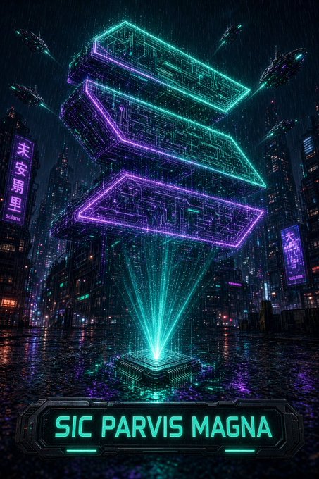 A cyberpunk-style digital artwork shows glowing purple and teal geometric cubes floating above a pedestal in a rainy cityscape, with the text 'SIC PARVIS MAGNA' at the bottom.