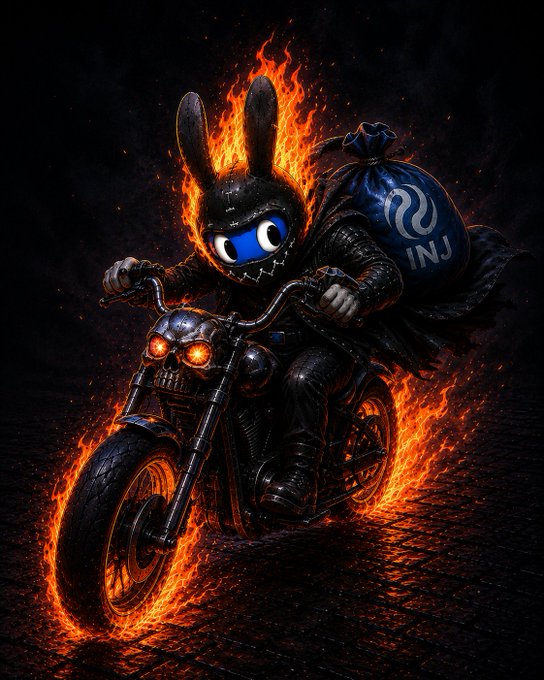 A fiery digital artwork of a black rabbit-headed character riding a flaming motorcycle, carrying a sack labeled 'INJ' (Injective) on its back.