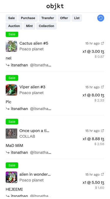 A mobile app screenshot from 'objkt' showing a marketplace with tabs for Sale, Purchase, Transfer, Offer, List, Auction, Mint, and Collection, listing NFTs like 'Cactus alien #5', 'Viper alien #3', 'Once upon a ti...', and 'alien in wonder...' from the Poaco planet collection with prices in tezos (tz).