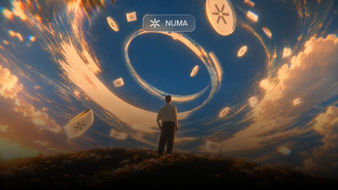 A lone figure stands on a grassy hill gazing up at a surreal, swirling sky filled with floating coins and a central badge reading "NUMA," visually celebrating the sold-out launch of the Numa Partner Pass NFT collection and teasing its upcoming rarity reveal.