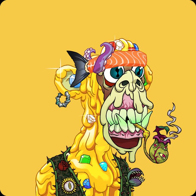 A grotesque cartoon character with bulging eyes and an exaggerated open mouth wears a chaotic crown of sushi, gems, and trinkets atop a drooping, melting yellow body. The golden hue and opulent, treasure-encrusted style visually pun on the post's "GOLD" theme, evoking gaudy, gold-coated excess.
