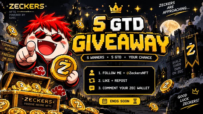 A promotional graphic for a 'ZECKERS' 5 GTD GIVEAWAY' featuring an anime-style character, a treasure chest of coins, and instructions to follow, like, and comment a ZEC wallet.