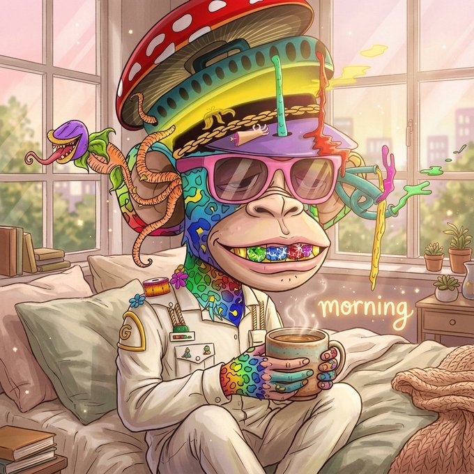 A whimsical, colorful monkey wearing a mushroom hat and pink sunglasses enjoys a steaming cup of coffee in bed, with the word "morning" glowing in golden script beside it—capturing the cozy, uplifting spirit of a fresh start. The vibrant, dreamy aesthetic perfectly mirrors the post's warm wish for a bright, peaceful, and amazing day ahead.
