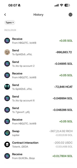 The image shows a transaction history from a crypto wallet dated 09/21/2026, displaying multiple suspicious activities including SOL transfers between wallets, large token sends (-996,683.72 and -72,846 HCAT), contract interactions (-200.02 USDC), and a swap of -367,214.92 RICH, all consistent with the user's description of being hacked on September 21st, 2026, with their wallets transacting back and forth to drain funds.