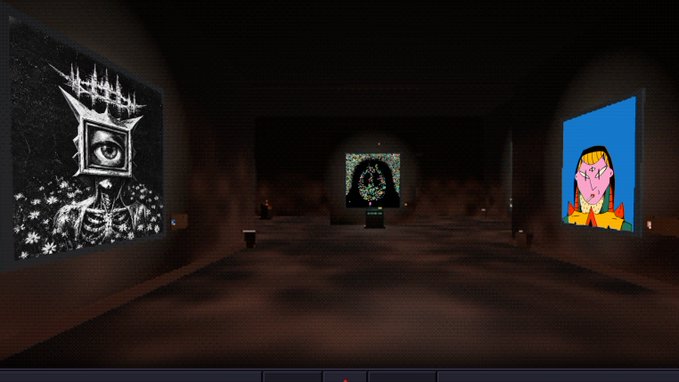 A dimly lit virtual gallery displays three large digital artworks on illuminated screens, including a surreal eye imagery piece on the left, a hooded figure in the center, and a cartoonish yellow-haired character on the right, reflecting the collaborative digital art experience described in the post.